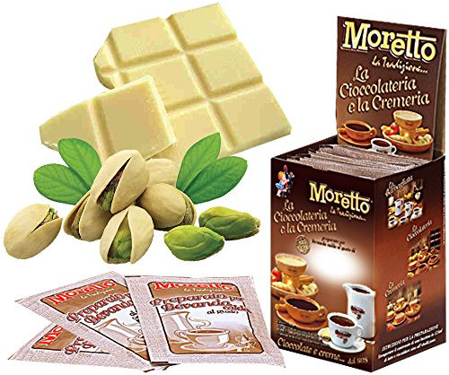 MORETTO preparato in polvere per cioccolata calda in tazza - gusto CIOCCOLATO BIANCO CON PISTACCHI - 1 scatola con 12 bustine