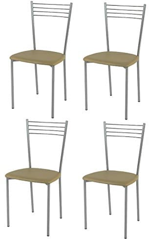 Tommychairs - 4er Set moderne Stühle ELENA für Küche und Esszimmer, robustes Gestell aus lackiertem Stahl in der Farbe Aluminium, gepolsterte Sitzfläche mit Kunstleder in der Farbe Cappuccino bezogen