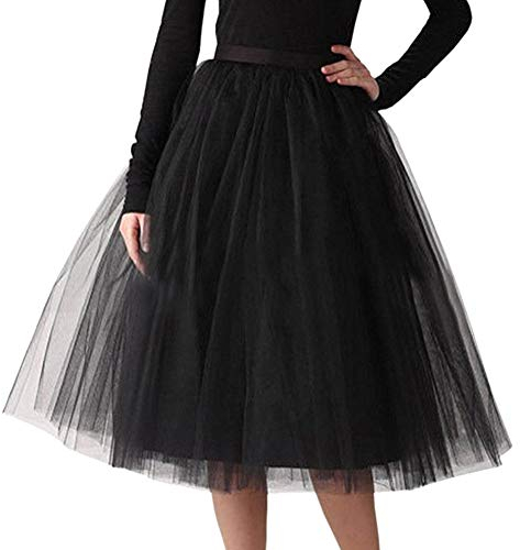 Minetom Damen Mädchen Tüllrock Hochwertiger Gefalteter Gaze-Knie-Längenrock Erwachsener Tutu-Tanzenrock Unterrock Party Abend Formelle Rock Schwarz XL (74-130cm)