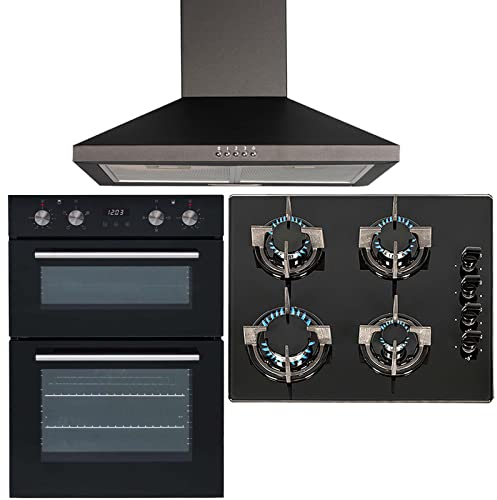 SIA 60cm Black Double Electric Oven, 4 Burner Gas On Glass Hob & Cooker Hood Fan