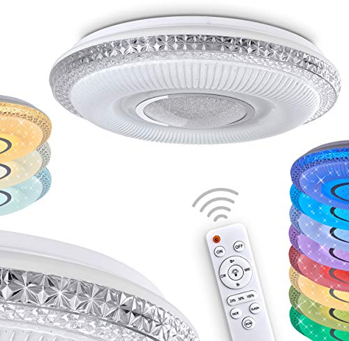 LED Deckenleuchte Avoriaz, dimmbare Deckenlampe aus Metall/Kunststoff in Weiß m. Glitzereffekt, 42 Watt, 120-2140 Lumen, Lichtfarbe 3000-6000 Kelvin, mit RGB Farbwechsler u. Fernbedienung
