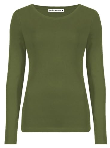 janisramone Womens Ladies Round Neck Long Sleeve T-Shirt Stretchy Plain Fitted Basic Jersey Casual Tee Top