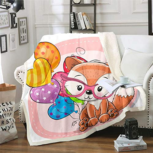 Fox Blanket Throw Niedlicher Cartoon Fox Fleece Blanket Fanttasy Ballon Sherpa Decke Für Kinder Jungen Mädchen Tragen Rosa Glas Fuzzy Decke Kinderzimmer Dekor Orange Blau, Wurfgröße