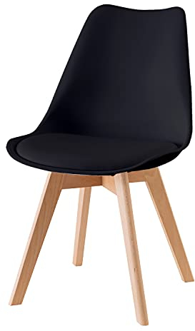 Baroni Home Chaise de Salle à Manger Style Scandinave, Chaise de Cuisine et de Bureau avec Pieds en Bois, Chaise Ergonomique avec Coussin Intégré 57x48x79 cm, Noir, 1 pièce