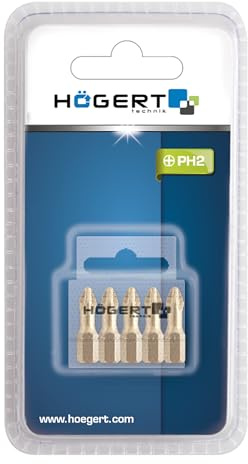 HÖGERT TECHNIK – PH2 Bit-Set 25 mm aus S2-Stahl, TiN-beschichtet, 5 Stück, Slim-Profil für schwer zugängliche Schrauben, präzise, rutschfest, kompatibel mit 1/4 Aufnahme