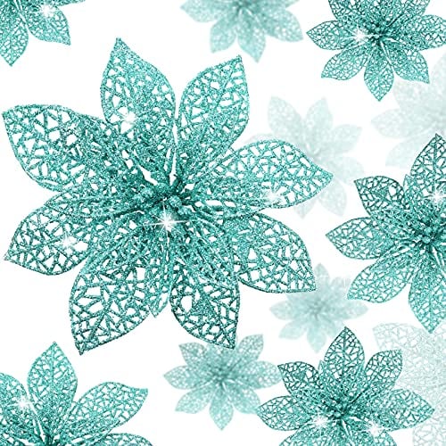 Boao 24 Pieces Glitter Poinsettia Christmas Tree Ornament Christmas Flowers Decor Ornament, 3/4/6 Inches (Blue-Green)