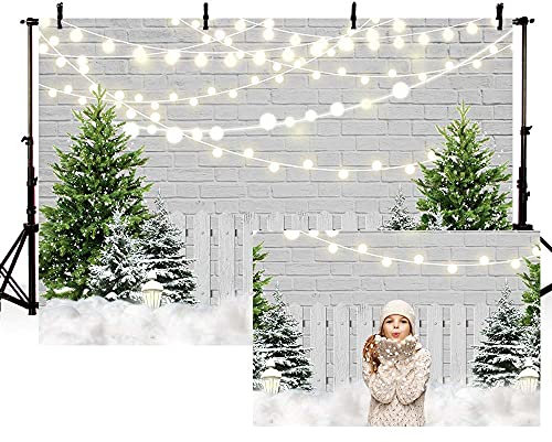 MEHOFOND 2,1 x 1,5 m Weihnachten Winter Hintergrund für Fotografie Weiße Ziegelmauer Zaun Zeder Outdoor Schnee Szene Hintergrund Xmas Party Dekoration Banner Portrait Photo Booth Studio Requisiten