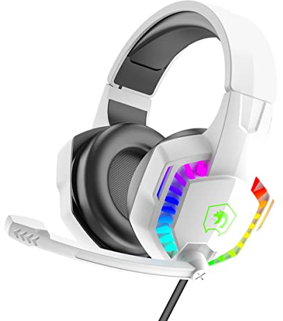 Cuffie da gioco RGB, audio surround stereo a 5.1 canali, cuffie con cavo LED da 3,5 mm, con microfono a cancellazione del rumore e controllo del volume in linea per PC, Xbox One, PS4, laptop (bianco)