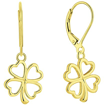 JO WISDOM Damen Ohrringe 4 Blatt-Klee Ohrhänger Silber 925,Hängende Herz mit Gelb Vergoldet Schmuck,Schmuck für Frauen
