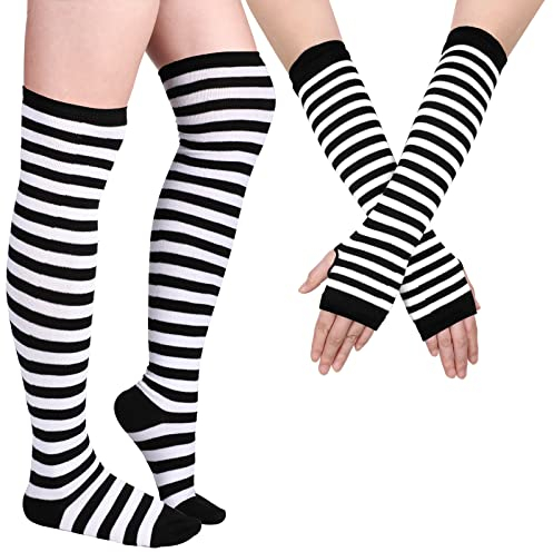 Geyoga Arm Warmers Leg Warmers Striped Thigh High Socks Fingerless Gloves Stockings Christmas Halloween, Black and White, One size