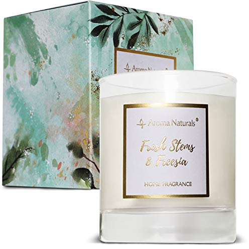 Aroma Naturals Duftkerze, 35 Stunden Brenndauer, Glas Kerze mit natürlichem Sojawachs, Geschenkverpackung (frische Stiele & Freesien)