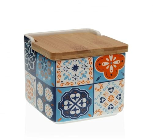 D,casa Salero de Cocina de Cerámica con Tapa de Madera Diseños Originales Mosaico Bicolor - Azul-Naranja
