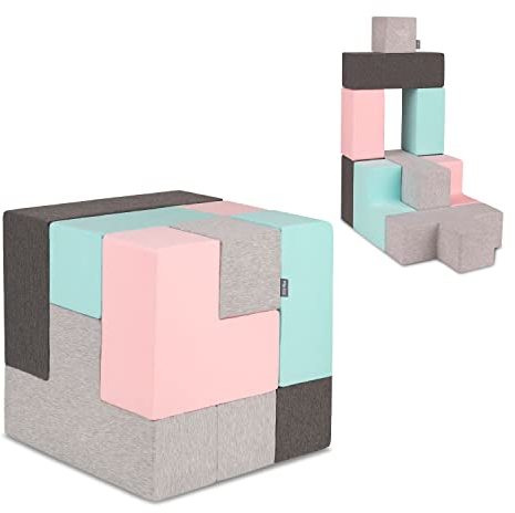 KiddyMoon Schaumstoff Würfel Weiche Blöcke 9 Stücke Für Kinder Softbausteine UE, Mix: Hellgrau-Dunkelgrau-Pink-Mint
