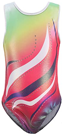 Sinoeem Gymnastikanzug Kinder Mädchen Langarm/Ärmellos Klassisch Turnanzug Ballettröckchen Trikotanzug Tanz Gymnastik Training Dancewear für Mädchen (Regenbogen-Ärmellos, 11-12Jahre)