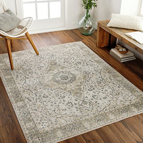 Livabliss Riffa Teppich waschbar in der Waschmaschine - Vintage Teppich waschbar für Wohnzimmer 160x213 cm, Schlafzimmer, Küche - Orientalischer Boho Style Teppiche, Teppich Groß in Beige, Creme, Grau