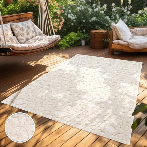 Paco Home Teppich In- & Outdoor, Moderne abstrakte Boho Designs mit 3D Struktur, robust & wetterfest, ideal für Terrasse Wohnzimmer & Küche, Grösse:80x150 cm, Farbe:Creme