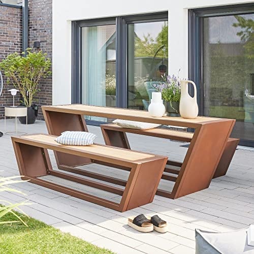 Home Deluxe - Sitzgarnitur KOBON- 240,5 x 76 x 60 cm, Material: Stahl, Sibirische Lärche, 3-Teilig - 1 Tisch, 2 Bänke I Gartenmöbel Sitzgruppe Gartengarnitur Garten