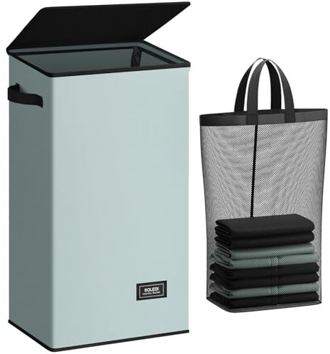 SOLEDI Laundry Basket with Lid 100L Large Laundry Hamper, Washing Baskets for Laundry with Inner Bag and Handles - Foldable Laundry Baskets for Bedrooms - Dirty Clothes Laundry Bin (Light Grey-100L)