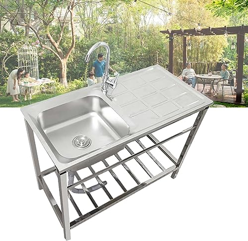 Evier Exterieur De Jardin Évier INOX De Cuisine 1 Bac avec Robinetterie Chaude Et Froide Evier Buanderie avec Poste De Travail Évier De Cuisine Commercial avec Étagère De Rangement pour Bar Garage (S