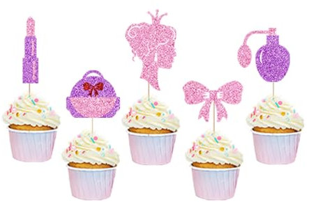 Bejotaa 25pcs Hot Pink Girl Cake Topper Makeup Cake Topper Happy Birthday Glitter Cosmetics Theme Bridal Cake Toppers Party Cake Decoration Supplies