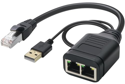 Duttek Ethernet Splitter 1 to 2 Haut débit 1000Mbps, Adaptateur RJ45 1 Male vers 2 Femelle avec câble USB2.0 d'alimentation de 40 cm pour Cat7/Cat6/Cat5 - Permet Une Connexion Internet simultanée