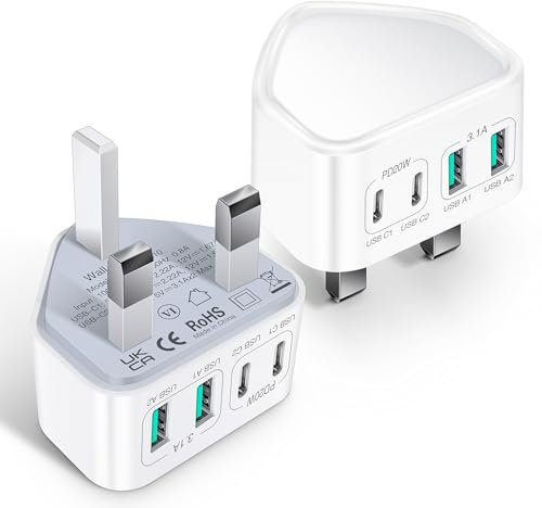 USB C Plug, 2Pack 40W 4-Port Fast Charger Plug, Multi USB Plug Adaptor UK Compatible with iPhone 12/13/14/15 Pro Max, Samsung S22,S21,Note 10 9, Moto, LG