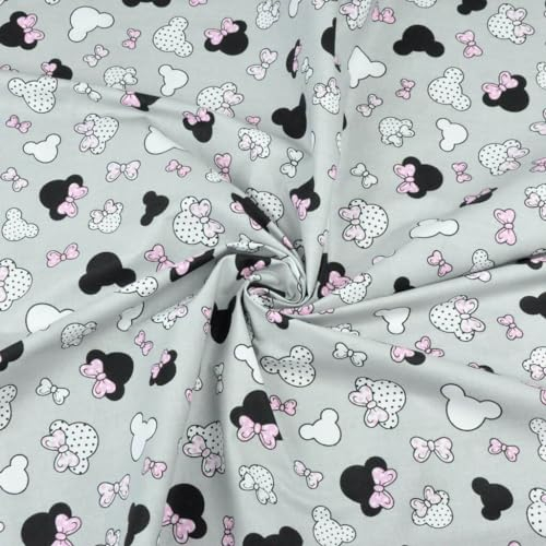 Textrend Baumwollstoff Stoffe Meterware - Stoff zum Nähen - 100% Baumwolle - Textilien 1x1.6m - Stoff mit Mickey-Muster (MIKI klein schwarz und rosa mit Schleife auf grauem Hintergrund)