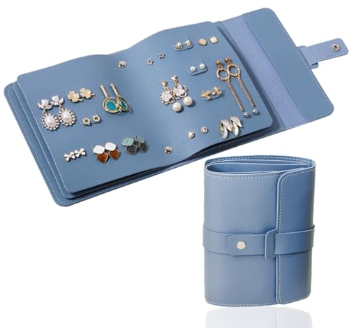 KASESSS Little Book of Earrings, Travel Jewellery Roll PU Leather, Portable Earring Book, Foldable Travel Jewellery Organiser, Jewellery Travel Pouch for Necklaces, Bracelets, Earring Storage, Blue