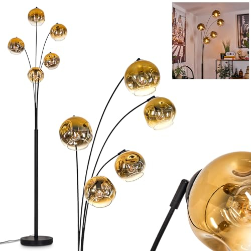 Stehleuchte Ripoll, Stehlampe aus Metall/Glas in Schwarz/Gold/Klar, Leuchte im modernen Retro/Vintage-Design mit Schirmen aus Glas (Ø 15 cm) u. Fußschalter, Höhe 210 cm, 5 x E14, ohne Leuchtmittel