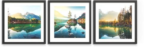 STYLER Bilder Set Landscape 3x 30x30 cm (AUFHÄNGFERTIG) mit hochwertigem schwarzem Rahmen - Natürliche Schönheit für Ihr Zuhause - Inspirierende Landschaften - Natur See Wald Berge