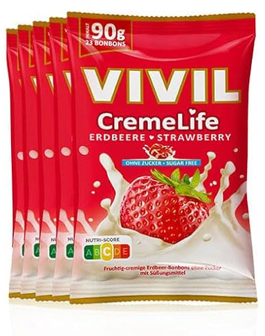 VIVIL Creme Life Erdbeere, zuckerfreie Sahnebonbons, 5 x 90 g, glutenfrei | Cremiger Genuss mit echter Schlagsahne, Vorratspackung für Zuhause und Büro, Hergestellt in eigener Produktion in Deutschland