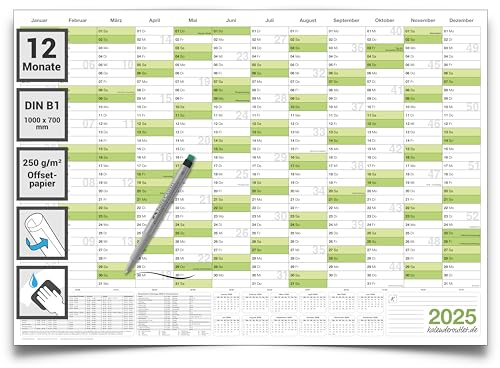 Kalenderoutlet ® Din B1 Wandkalender 2025 abwischbar XXL Jahresplaner 100x70 cm cm groß inklusive 1 Marker, feucht korrigierbar. Jahreskalender, Kalender 2025 in deutscher Sprache