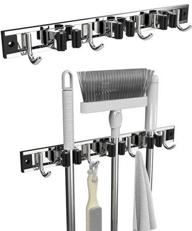3-H Gerätehalterleiste, Geräteleiste, 3 Gerätehalter und 4 Haken, Edelstahl Besenhalterung Wand 38cm, Gartengerätehalter, Wandhalterung für Gartengeräte Besen Werkzeughalter Garten Zuhause Badezimmer