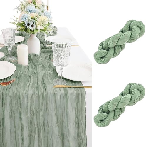 Seihtuch Tischläufer 2 Stück in Salbeigrün - 90 x 300 cm Rustikaler Gaze-Stoff Boho-Tischläufer für Hochzeiten, Brautparty und Tischdekoration
