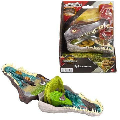 Mattel Jurassic World: Die Wiedergeburt, kleines Abenteuer-Spielset, Spinosaurus-Kopf öffnet sich, 4 interaktive Funktionen, 3 kleine Figuren, Dinosaurier-Spielzeug, JGB98