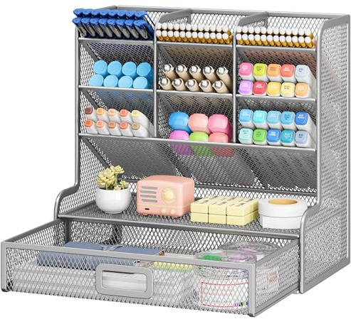 VITVITI Schreibtisch Organizer, 9 Fächer Stiftehalter mit Schublade, Netz Stifte Regal aus Metall, Stiftehalter Schreibtisch für Schule Heim Büro (Silber)