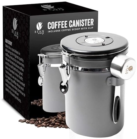 MOVASEE Kaffeedose Luftdicht mit Datumsanzeige u. CO2-Ventil - Vakuumbehälter für Kaffeepulver, Kaffeebohnen - Edelstahl Kaffeebohnen Behälter - Dekorative Teedose, Zuckerdose (Asche)