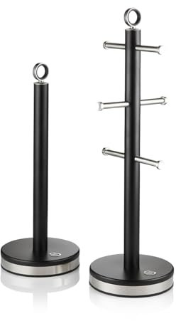 Swan SWKA18537BLK Serenity Towel Pole and Mug Tree Set with Smooth Matt Finish, Stainless Steel Accents and Non-Slip Bases, Black