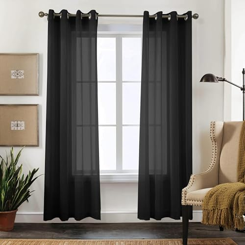 CUCRAF Transparente Gardinen mit ösen Vorhänge Wohnzimmer & Schlafzimmer, H210 x B140cm 2er Set Vorhänge Schwarz, Einfarbiger Vorhang Pflegeleichte in Leinenoptik