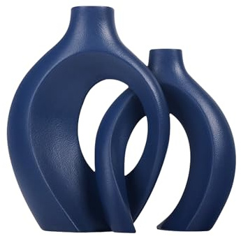 GINZER Nordic Bohemian Modern Ceramic Vase Blue Creative Flower Container Elegant Floral Display with Hollow Design Set of 2 High End Home Decor Accessories