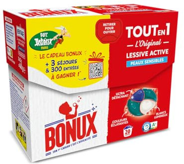 Bonux Lessive Capsules Tout en 1 L'Original | Adapté aux peaux sensibles | Nettoie en Profondeur | Ultra-Détachant | Pour linge Blanc et Couleur | Cadeau Bonux | 20 Capsules et 20 Lavages