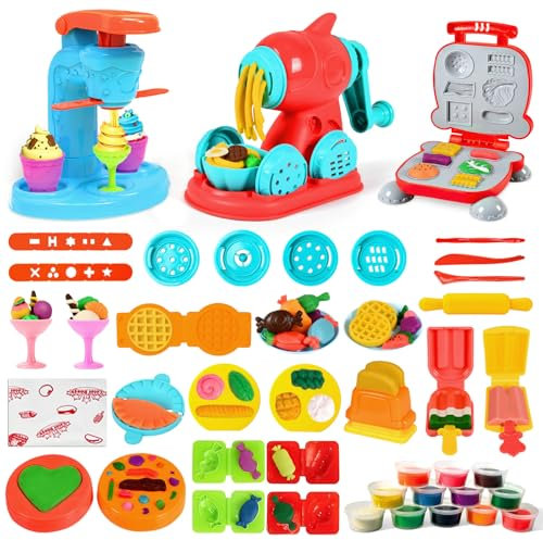 lerrbo 3-in-1 Teig-Sets mit 59 Teilen für Kinder ab 4 Jahren, Teig-Werkzeugset mit Eismaschine, Nudel- und Hamburger-Maschine für Kleinkinder ab 3 Jahren und Mädchen