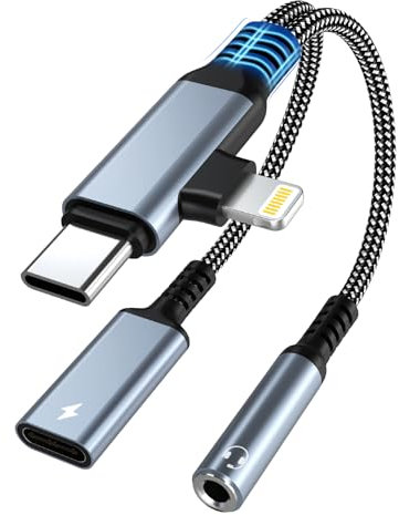 2 in 1 Adattatore Light-ning + USB-C Jack 3,5 mm e Ricarica PD 60W Type C Cuffie Adattatore iPhone Jack Adattatore Lighning Cavo Dongle HiFi Aux Sdoppiatore per iPhone 16/15/14/13/12/11/X/Pad/Samsung