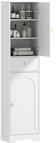 HOMCOM Armoire Salle de Bain Haute, Meuble de Rangement Colonne avec placards, tiroir et étagères réglables, Grand Meuble étroit pour Toilette, Petits espaces, 40 x 29,5 x 170 cm, Blanc