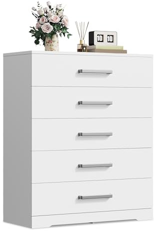 WLIVE Kommode mit 5 Schubladen, Moderner Schubladenschrank, Weiß | 33T x 75B x 90H cm, Glatter Metallschiene, Komodenschrank Möbel, für Schlafzimmer, Wohnzimmer, Flur, Sideboard