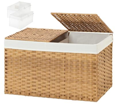 Swociro Aufbewahrungskorb mit 2 separaten Deckeln, 65-Liter-Weidenkorb mit 2 herausnehmbaren Einsätzen, faltbare Aufbewahrungsbox aus Rattan mit Griffen, für Schlafzimmer, Waschküche, Natur