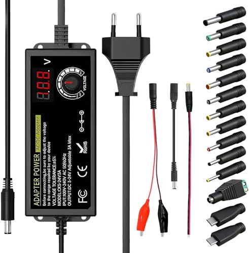 Wxeadu Fuente de Alimentación Universal 3V-24V, Fuente de Alimentacion Regulable 3A 72W, 100-240V AC a DC Adaptador de Corriente Universal con Pantalla Digital y 14 Conectores, Motor CC, 3A Máx