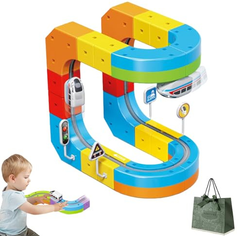 Clickrail Elektroeisenbahn-Set, Flexible Rennstrecke, 88-teiliges Click-Rail-Spielzeug, Schwerkraft trotzende 3D-Modellbahnen und motorisiertes Auto, für Kindergeburtstage von 3-8 Jahren (33Pcs)