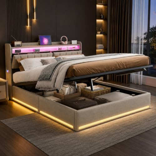 WOBOPCG Polsterbett Doppelbett 140x190 cm,Hydraulisch Stauraumbett LED Doppelbett Mit Ladeportfunktion Funktionsbett Nachttisch mit Ladefunktion Bett mit stauraum boxspringbett (Grau+Samt, 140x190)