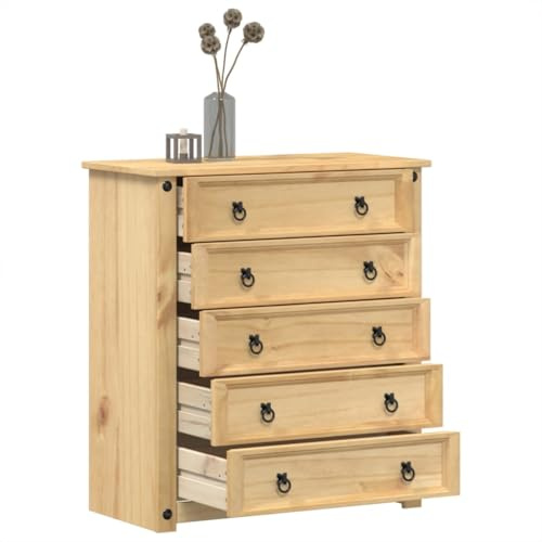 Ordellia Kommode Corona aus massivem Kiefernholz, 80 x 40 x 89 cm, mit 5 Schubladen, Metallgriffen, Honigwachs-Finish, Sideboard mit Stauraum für Wohnzimmer, Schlafzimmer und Flur
